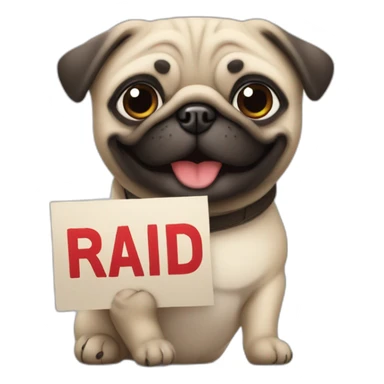 smiling pug holding a sign that reads the word "raid" in red font sticker