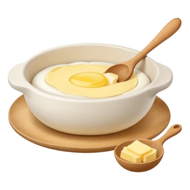 a dozen eggs, a ceramic mixing bowl with a wooden spoon and a plate of butter sticker