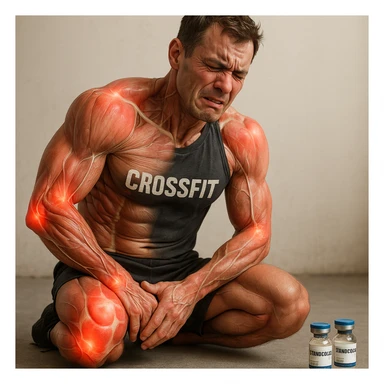 realistic and anatomical crossfit athlete with joint problems all over the body, detailed muscles and joints, painful expression, vials of 'Stanozololo' nearby, natural light, neutral background sticker
