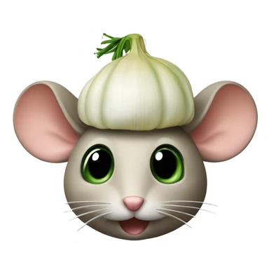 mouse with half onion as a little hat, the onion has still some green sticker