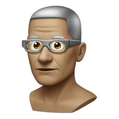 Older Male cyborg head with metallic plated face, brown flat top haircut, glasses and circuitry sticker