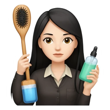 A white woman with long, straight black hair, wearing an ivory-colored shirt, holding a small square wooden paddle hairbrush in her left hand and spraying a hair mist bottle with her right hand toward her hair. sticker