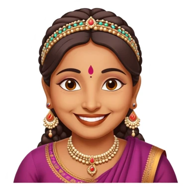 A cheerful Indian aunt (mausi) character with a plump face, smiling, wearing traditional Indian clothing and a bindi sticker