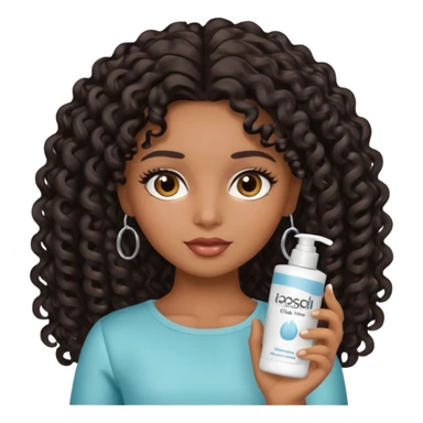 Uma boneca morena com olhos castanhos e cabelo cacheado longo preto, com creme de pentear na mão da Salon line sticker