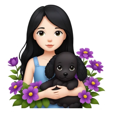 A girl with long black hair is holding a black teddy dog ​​in the flowers sticker