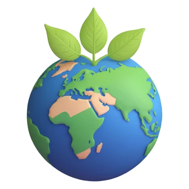 A single green leaf resting gently on top of a vibrant, round Earth globe. The focus is on the leaf and the globe with a simple background and soft natural lighting sticker