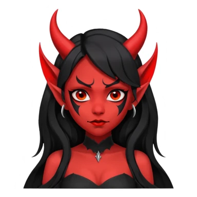 demon girl, skin red , black long hair, small horns, pointed ears, bat wing, black open-back dress, bold black outlines, red+black palette sticker