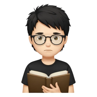 generate a pretty bratz fair skinned boy with black messy hair wearing a black tshirt looking bored n tired. Glasses on. holding books sticker