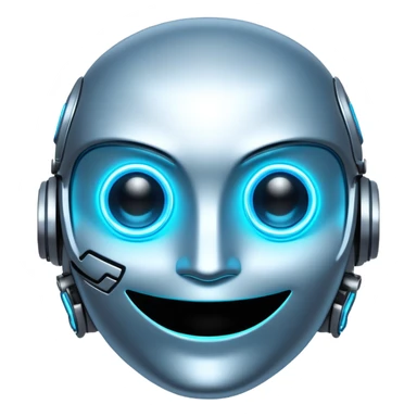 A cyberpunk emoji with a glowing neon blue smile, pixelated cybernetic eyes, and a sleek metallic surface, futuristic and high-tech style. sticker