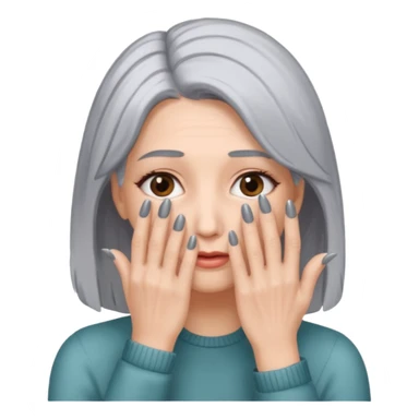 woman with gray hair and hand covering face sticker
