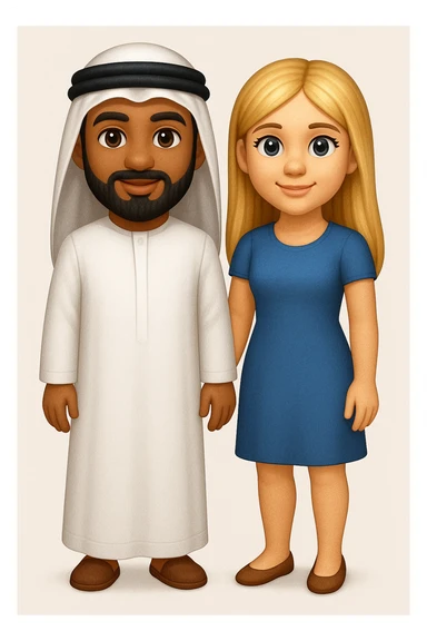 Сгенерируй мне в стиле детализированного емодзи пару, где мужчина с черной бородой и в арабском одеянии и чуть со смуглой кожей, а девушка чистая славянка, блондинка. В ПОЛНЫЙ РОСТ ОНИ И НЕ КАСАЮТСЯ КРАЕВ ИЗОБРАЖЕНИЯ sticker