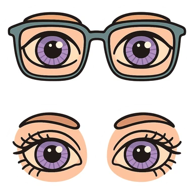 On one canvas, create two pairs of anatomically realistic almond-shaped eyes with detailed irises and eyelashes as in the reference. One pair wears glasses, the other does not. Maintain the icon-color-outlined style with vector look, shadows and highlights, thin clean contours, soft rounded features, pastel palette #98B5BC #B5B3C1 #C9A3C9 #E4C0CA #F7DCD1 #F7C0AA, Japanese pop-art, sticker appearance, transparent background. sticker
