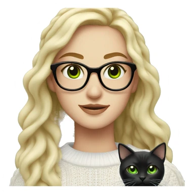woman with green eyes and glasses with long wavy blonde hair in a white cable knit sweater holding a black cat with green eyes  sticker