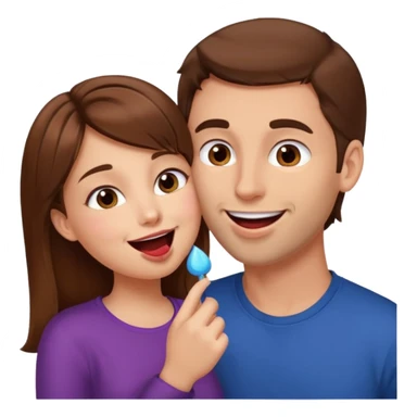 There is a girl with brown hair standing next to her, a tall man with brown hair, and the girl passionately licks his cheek sticker