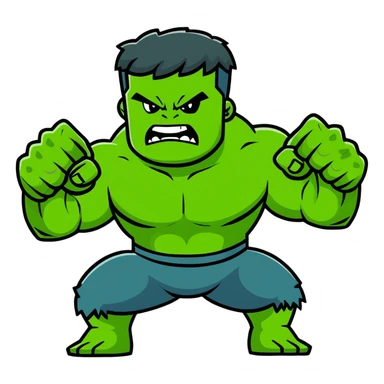 Hulk smashing with fists raised, green muscular superhero breaking ground, action pose, dynamic movement, angry expression sticker