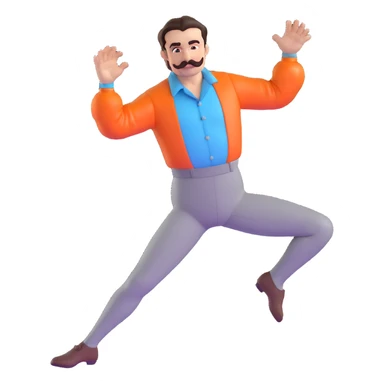 character inspired by Ilya Prusikin from Little Big's Eurovision 2020 'Uno' performance, slicked back shiny dark brown hair, thin handlebar mustache, light blue shirt with exaggerated puffed sleeves, deadpan but cheeky expression, stiff-armed theatrical dance pose sticker