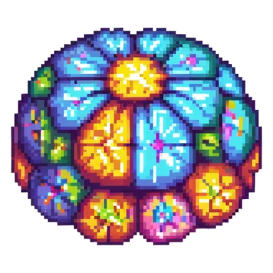 Add a colorful, vibrant core to the brain, making the center of the crystal brain glow with multiple bright colors, in pixel art style, with no background. sticker