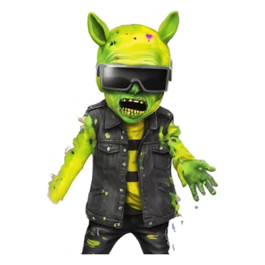 .Zombie_ Vaporwave black holographic oilslick zombie unicorn yellow caution tape holding a vinyl dj graffiti sticker