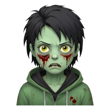 zombie with black messy hairstyle, tired face, bruises under the eyes, black hoodie sticker
