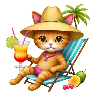 Cat with sunhat relaxing on beach with colorful mai tai cocktail sticker