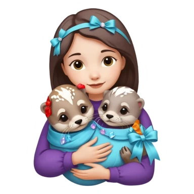 woman hugging baby otters with ribbons and crystals sticker