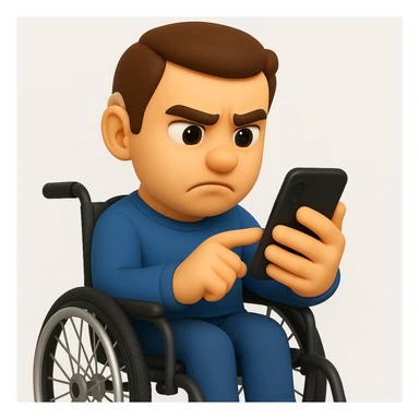 Add a modern wheelchair, keeping the man in the same 3D emoji style and pose, with the hearing aid still visible. sticker