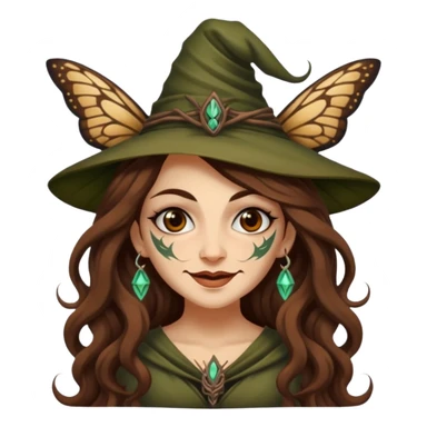 mischievous forest witch woman long wavy brown hair tattoos smirk moth sticker