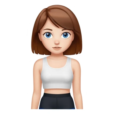 Brown haired girl with bob and blue eyes and freckles and white crop top and black shorts sticker