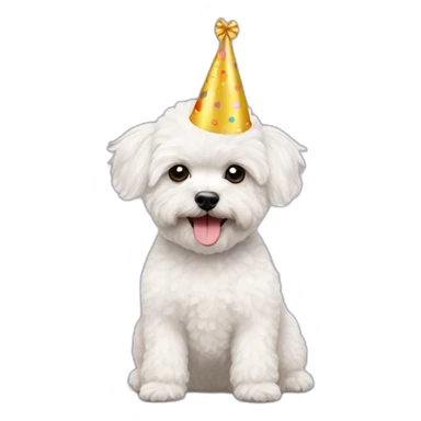 a white maltipoo with party hat sticker
