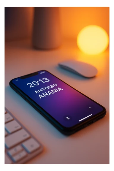 A photo of an iPhone on the desk with the message "Antonio Anania" on its screen, The phone sits atop a desk with a blurred background that suggests work environment. A faint glow from above casts gentle shadows across the surface of each object, creating depth and highlighting their textures sticker