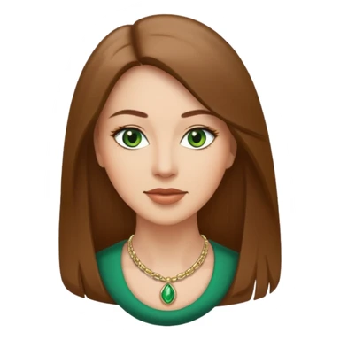 Adult woman avatar, light skin tone, oval face, straight long brown hair, green eyes, neutral mouth, elegant  sticker