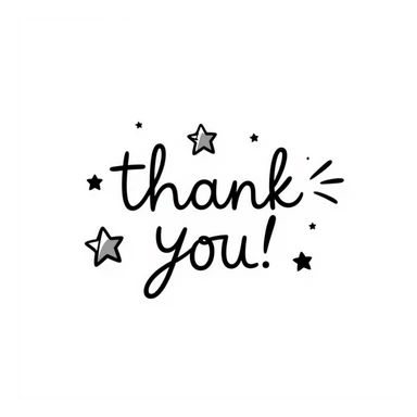 hand drawn 'Thank You' text with stars and swirls, doodle style sticker