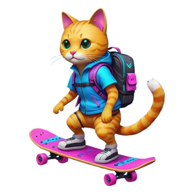 A neon-lit cyberpunk cat riding a floating skateboard, wearing a bold bright neon backpack through a rain-cinematic lighting, 8K sticker