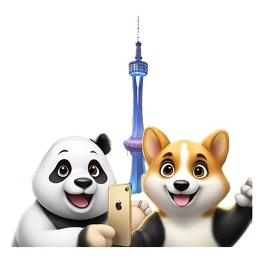 A panda and a corgi are taking a selfie with their iPhones, the faces of the panda and the corgi are facing the camera, and in the background is the 339th TV tower in Chengdu. sticker