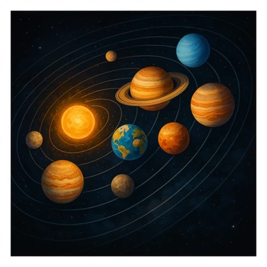Depict the eight planets of the solar system arranged in orbit with vibrant colors, set against a darker space background. sticker