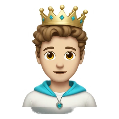 White boy, with brown hair and brown eyes. He wears a white sweatshirt with a cyan heart in the right corner. He has a crooked royal crown.  sticker