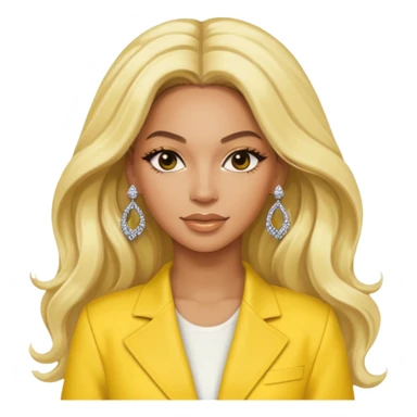 Beyonce with long platinum blonde hair, yellow outfit and earring sticker