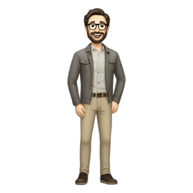 Joyful Full height Pale skinned Fit Man With dark brown hair in gray jacket, beige office shirt, Brown pants and vintage glasses. His thrumbs up. Beard. Black hair sticker