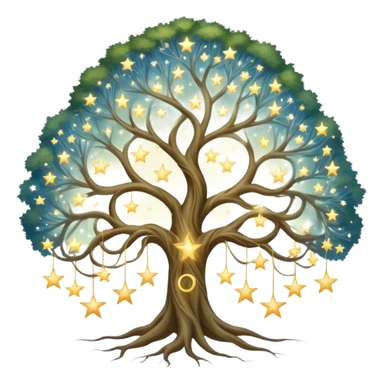 Celestial family tree with star-like portraits connected by flowing gossamer branches, ethereal ancestral connections sticker