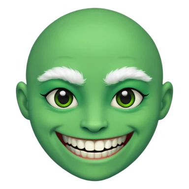 A bald person with bright green sclera and bright green teeth, grinning widely. Has fluffy black neck fur, with a fluffy black body sticker
