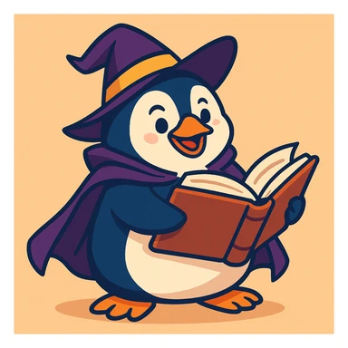 playful style chubby penguin with a wizard hat and cloak, holding an open spellbook sticker