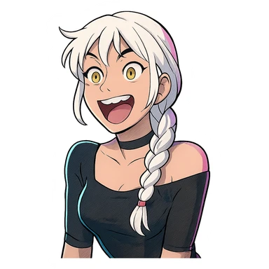 she making a emphatically happy excited facial expression, a closeup portrait of young woman with gold yellow eyes, white hair, long braid, black off-shoulder top d-cup, punk gothic style, futuristic cyberwave cyberpunk, sitting position sticker