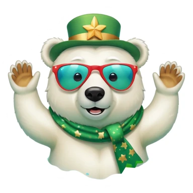 friendly anthropomorphised polar bear wearing oversized colorful star glasses and festive St. Patrick's Day outfit, swimming with joyful expression sticker