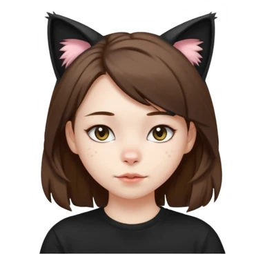 a girl with pale skin, medium length brown hair with lots of dandruff , cat ears and a tail, with a black t-shirt on sticker