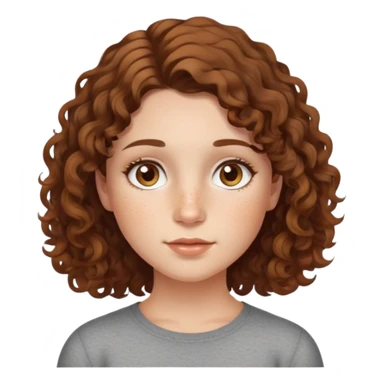 Curly chin length brown hair, freckles on face, hazel eyes, small nose, middle part, round face, girl  sticker