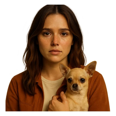 Portrait for Instagram profile inspired by the facial features visible in the reference images, with a tanned complexion, subtle freckles, wearing a shirt colored #FFF8CA and a rust-colored jacket, mid-length brown hair with auburn highlights, a melancholic and vulnerable expression, holding a beige-brown chihuahua, in the style of a Netflix series, transparent background, intimate Tenerife ambiance. sticker