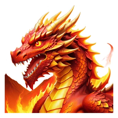 Cinematic Noble Fierce Fire Dragon Portrait Emoji, Poised and imposing, with a muscular, scaled body ablaze in fiery hues of crimson, molten orange, and molten gold, and intense, burning eyes that mirror the heart of a volcano; rendered with lifelike texture and dynamic natural highlights, high shine, formidable and intense, styled with an aura of scorching mythic power, focused and resolute, soft glowing outline, capturing the essence of a legendary inferno poised to ignite the screen with timeless ferocity! sticker