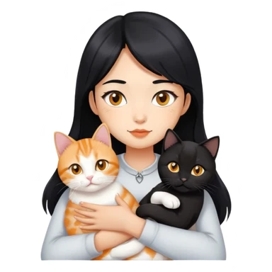 Generate an Asian girl with a black hair holding two cats. First cat is black cat with golden eyes only front chest 4 pounds has white color. Other cat is orange tabby cat with golden eyes only front chest 4 pounds has white color.  sticker