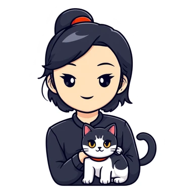 Young woman in black clothes with a Chinese domestic cat sticker