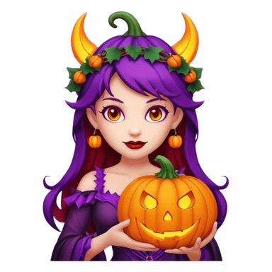 female-succubus-emoji,-red-skin,-purple-eyes,-elegant-face,-pumpkin-wreath-on-head,-with,-holding-small-glowing-pumpkin-lantern,-halloween-fantasy sticker